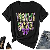 Mardi Gr Bow Shirt for Women – Fat Tuesday Short Sleeve New Orleans Party Tee Tops