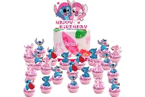 OU RUI 25pc Pink Lilo and Stitch Cake Toppers, Girl Lilo and Stitch Birthday Party Cupcake Decorates