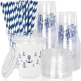 Whaline 50Pcs 12Oz Nautical Disposable Plastic Cups with Lids and Straws Navy Blue Anchor Cold Beverage Drinking Cup for Ocean Birthday Summer Party Supplies