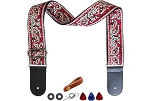 Farcaya Guitar Strap Jacquard Weave Embroider Adjustable Shoulder Strap with 2Strap Lock Button 3Picks Headstock Strap Tie (RED and Grey)