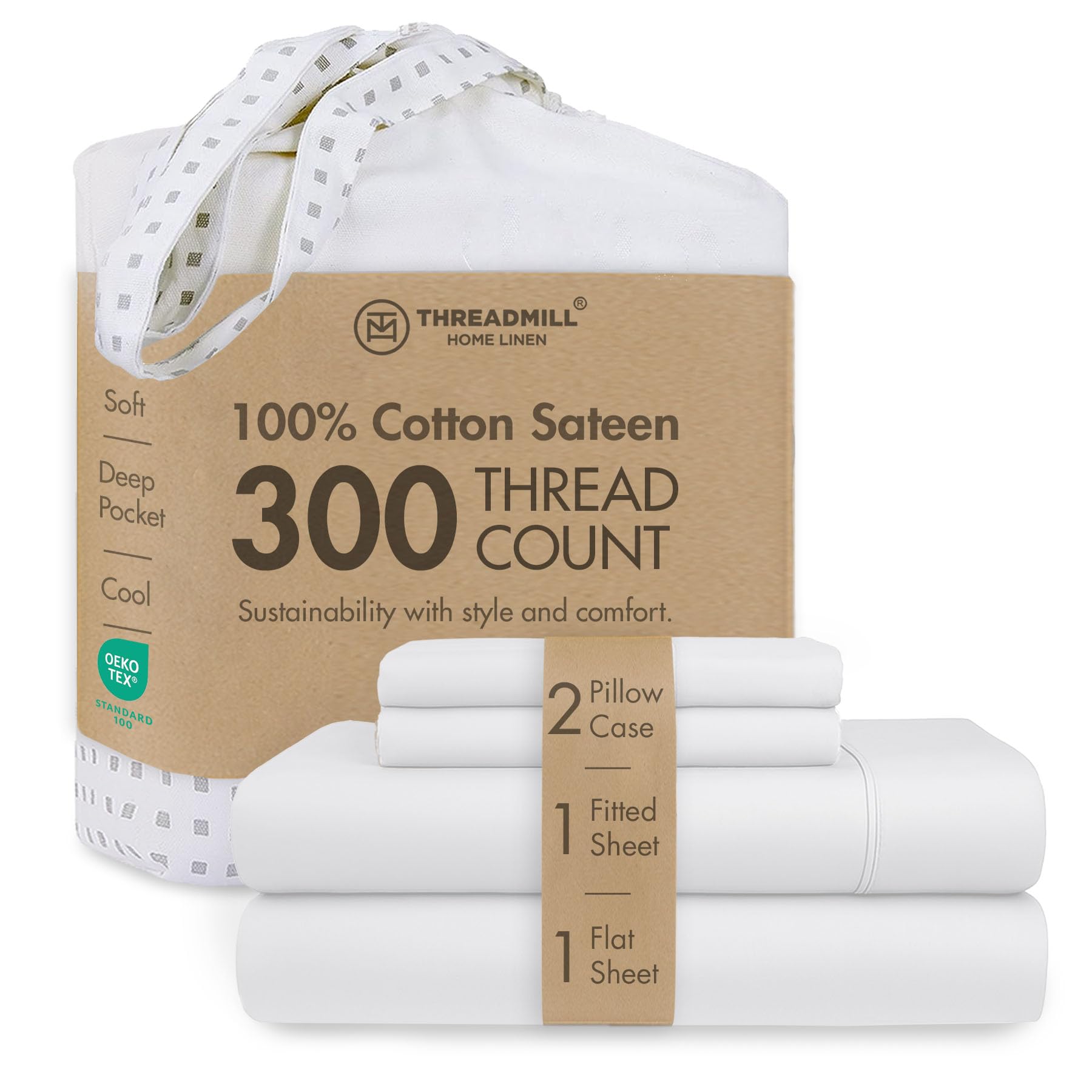 Photo 1 of ***MISSING PIECES*** ***READ CLERK NOTES*** Threadmill Cotton Queen Sheet Set | 100% Cotton Sheets for Queen Size Bed | Solid Sateen Queen Bed Sheets Set with 16” Deep Pocket | Soft Breathable 4-Piece Cooling Bedding Sheet Set | White