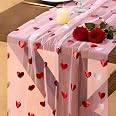 Socomi Valentine's Day Red Heart Table Runner Gauze Sheer Romantic Sequin 10FT Glitter Metallic Foil Dining Wedding Birthday