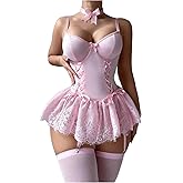 SHENHE Women's Lace Babydoll Garter Lingerie Dress with Thong and Stockings Set