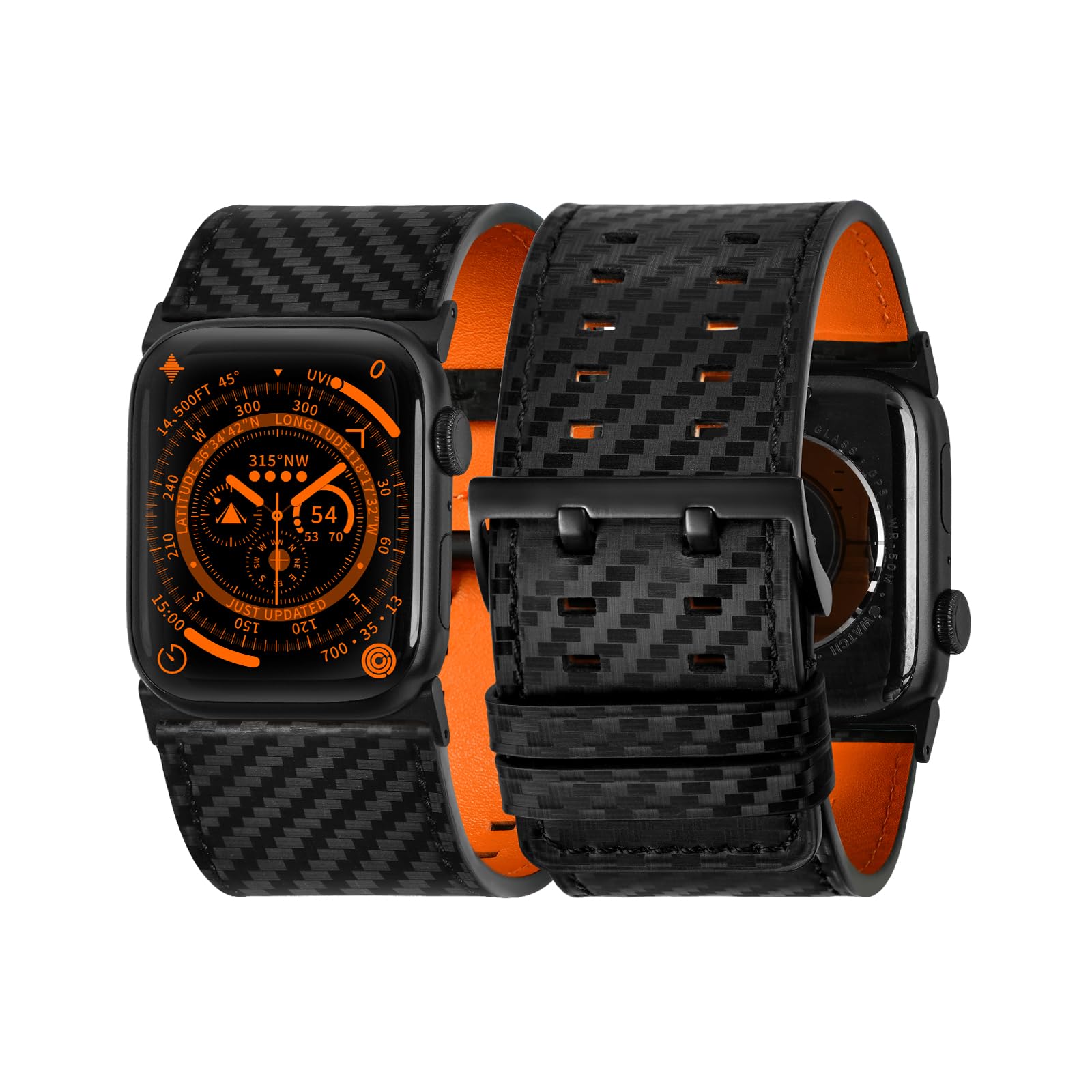 Tefeca Dual Series Replacement Watch straps Compatible with Apple Watch/Apple Watch Ultra(Carbon Fiber Leather with Black Adapters, 49/45/44/42mm) — image 1