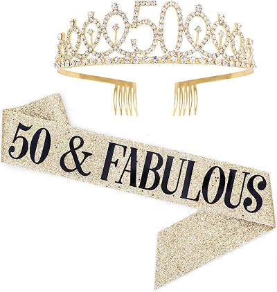 Leixi 50th Birthday Sash & Rhinestone Tiara Set Gold 50 Fabulous Gift