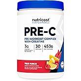 Nutricost Pre-C Pre-Workout Complex with Creatine (Fruit Punch | 30 Servings) Powder - Boost Fintess Routines, 453g