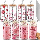 Umigy 8 Pcs 16oz Valentine's Day Glass Tumbler Pink Heart Iced Coffee Cup with Bamboo Lids and Glass Straw Valentine's Day Gift for Her Cute Cup for Anniversary Dinner Party Supplies