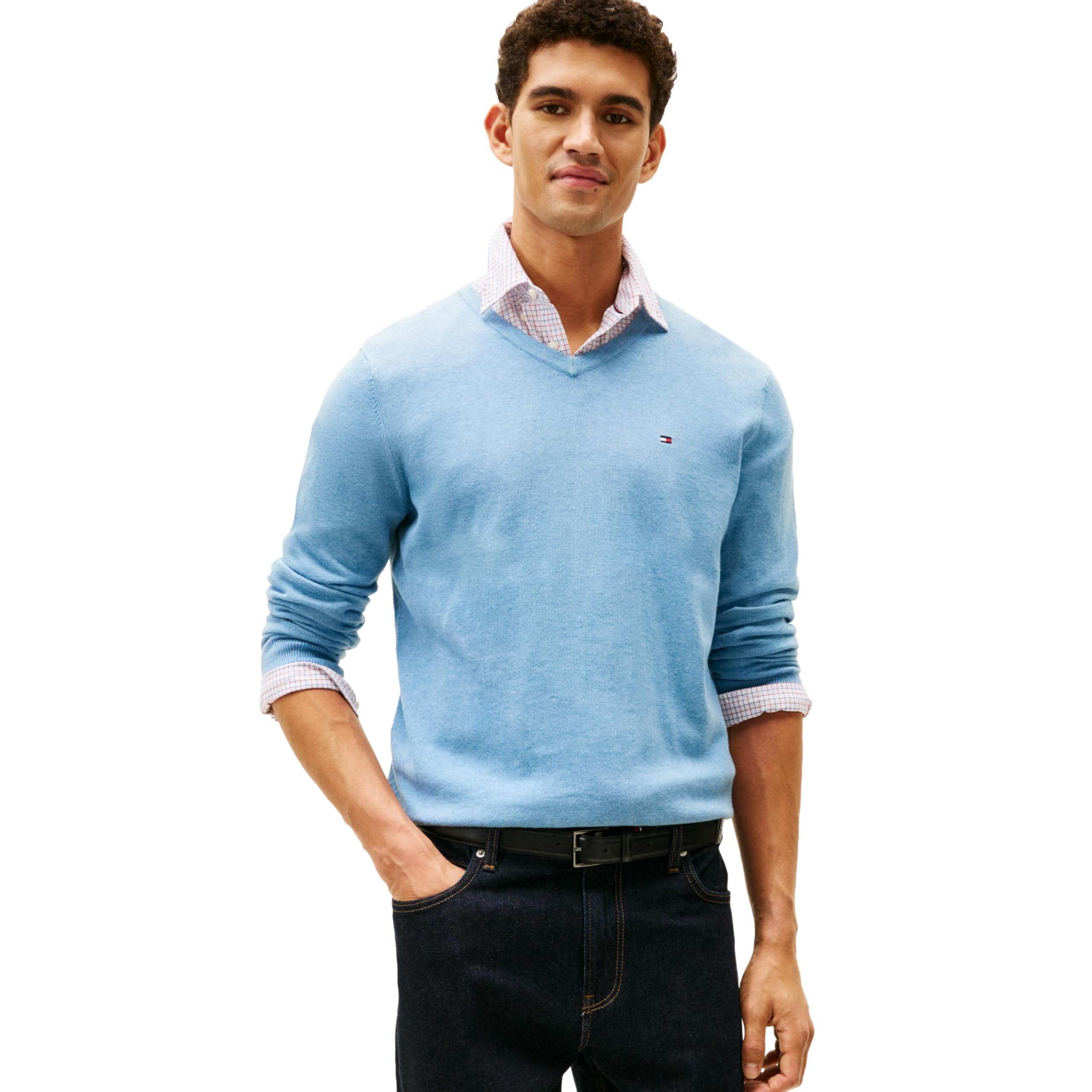 Tommy Hilfiger Men's Sweater with V Neck, Medium Chambray 2X Large Image