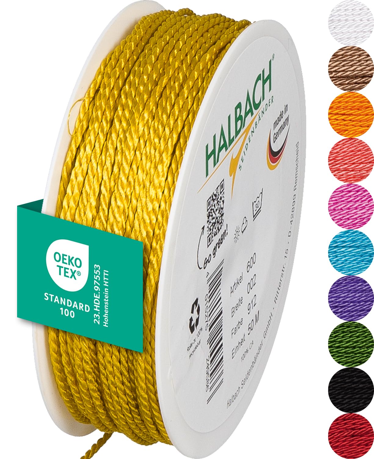 Halbach Seidenbänder Premium Cord (Yellow) | Width 2 mm Length 50 m | Made in Germany & Oeko-Tex Certified | Shiny Satin Cord Made of Acetate — image 1