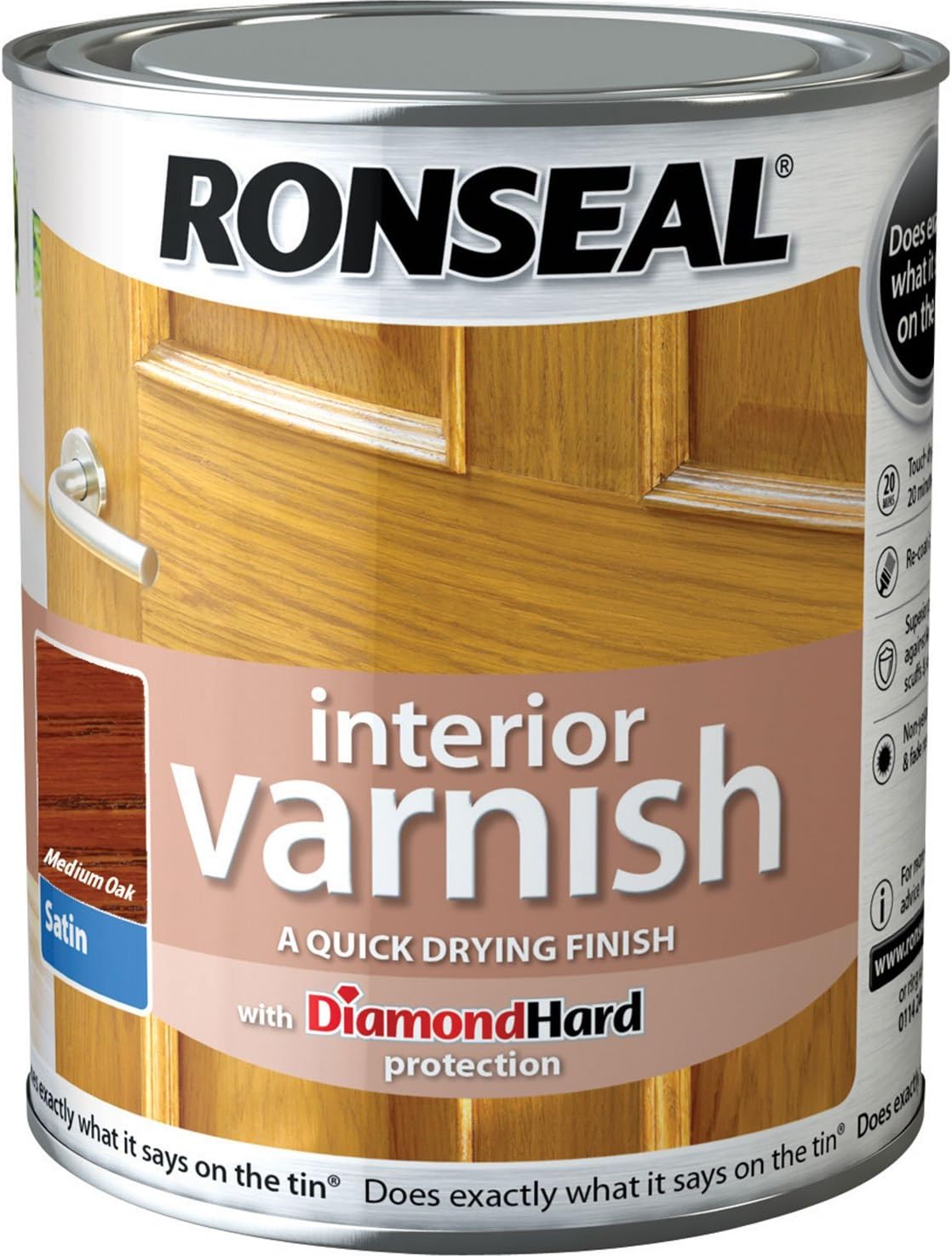 Ronseal RSLIVSMO250 250ml Quick Dry Satin Interior Varnish - Medium Oak, Various colours
