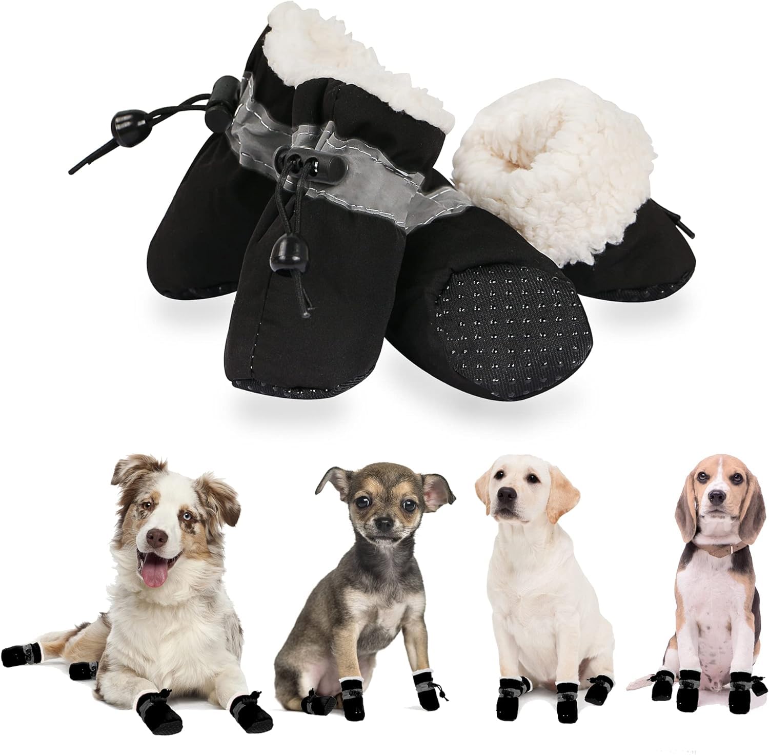 Photo 1 of YAODHAOD Dog Shoes for Winter, Dog Boots & Paw Protectors, Fleece Warm Snow Booties for Puppy with Reflective Strip Anti-Slip Rubber Sole for Small Medium Size Dogs,Size 3: 1.5"x1.3" (L*W),Black