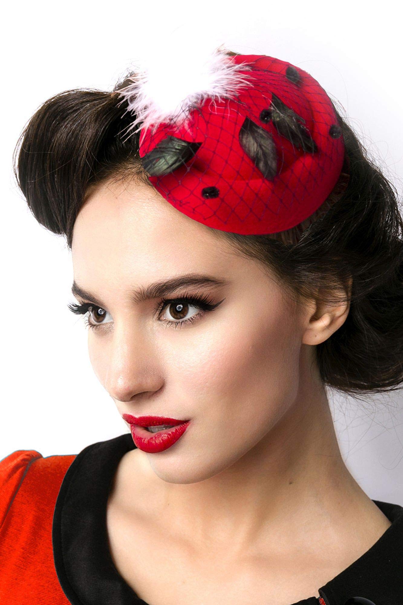 Atixo 14769 Elegant Fascinator Mini Hat Red S-L with Decorative Feathers and Mesh Trim Carnival Fancy Dress OS