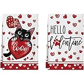XCHI Love Hearts Cat Hello Valentine's Day Kitchen Towels Dish Towels 18x26 Inch Home Kitchen Decorations Hand Towels Set of 2 Drying Dishcloth