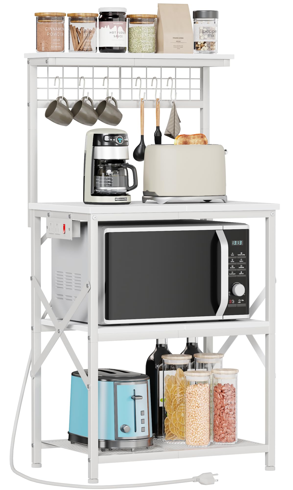 Furologee Kitchen Bakers Rack with Power Outlet, Microwave Oven Stand with Storage 4 Tiers, Coffee Bar Table with 6 S Hooks, Kitchen Storage Shelf Rack for Spices, Pots, White