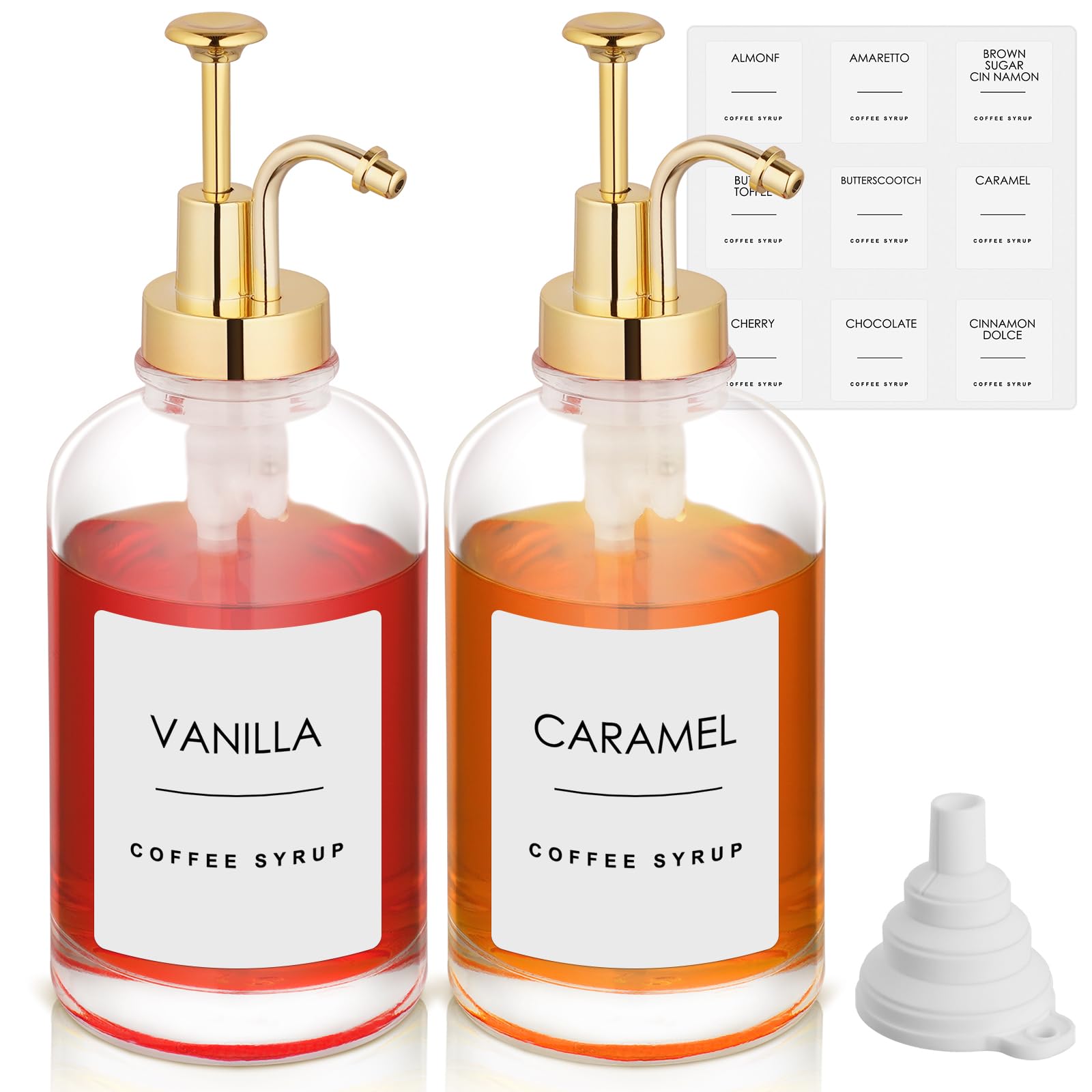 Coffee Syrup Dispenser, Pump Dispenser for Coffee Home Bar, Glass Syrup Bottle w. Gold Pump, Coffee Pump Dispenser Included Funnels and Labels, Set of 2, 16.9 oz 500 ml