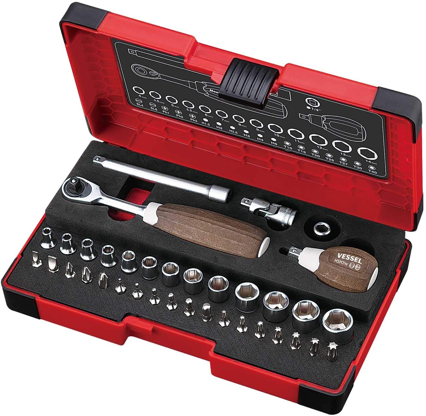 VESSEL Socket Wrench Set Wood-Compo HRW2001M-W, Silver (Unpolished Steel)