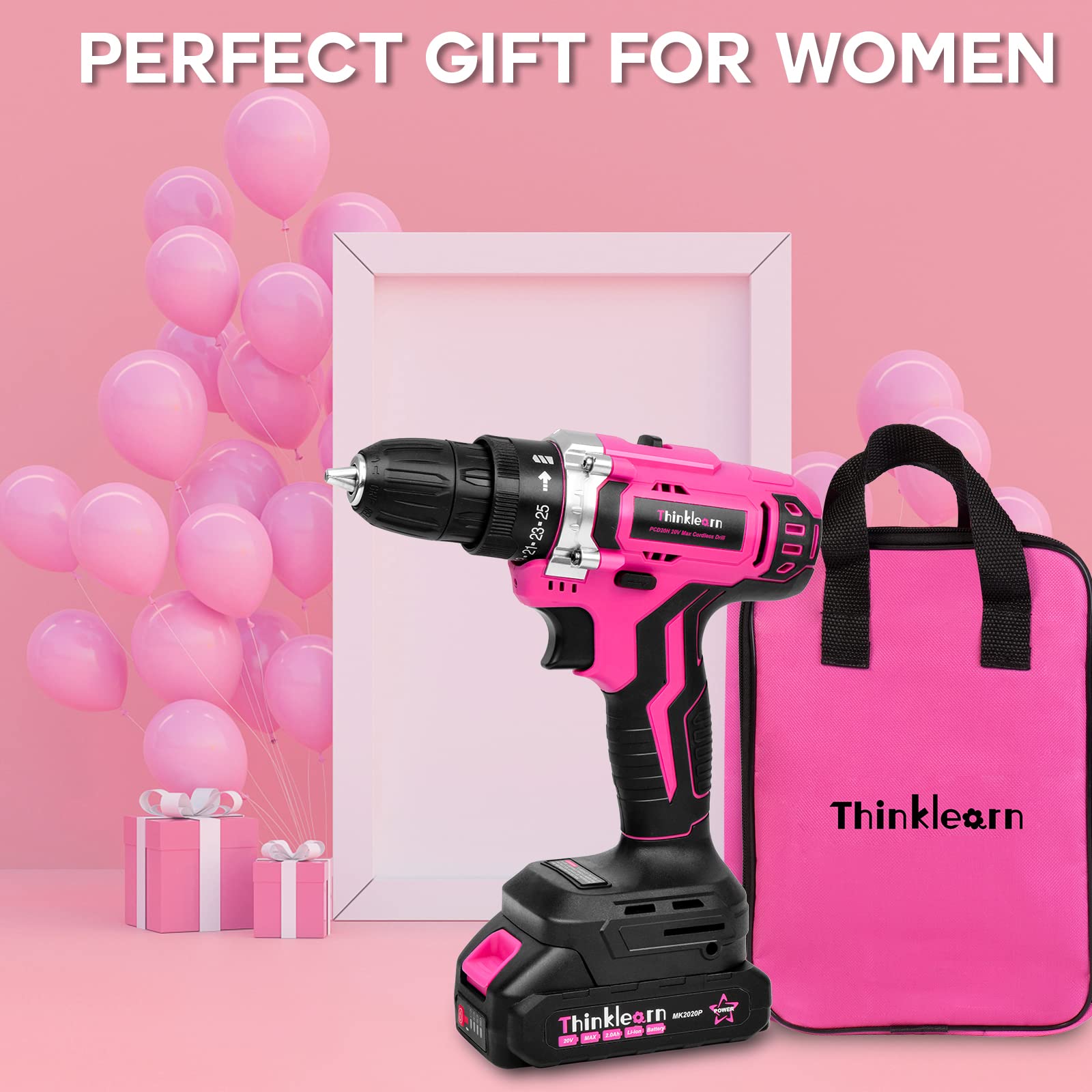 Pink Cordless Drill Set, 20V Lithium-ion Power Drill Set for Women with 67Pcs Driver Bits, 3/8