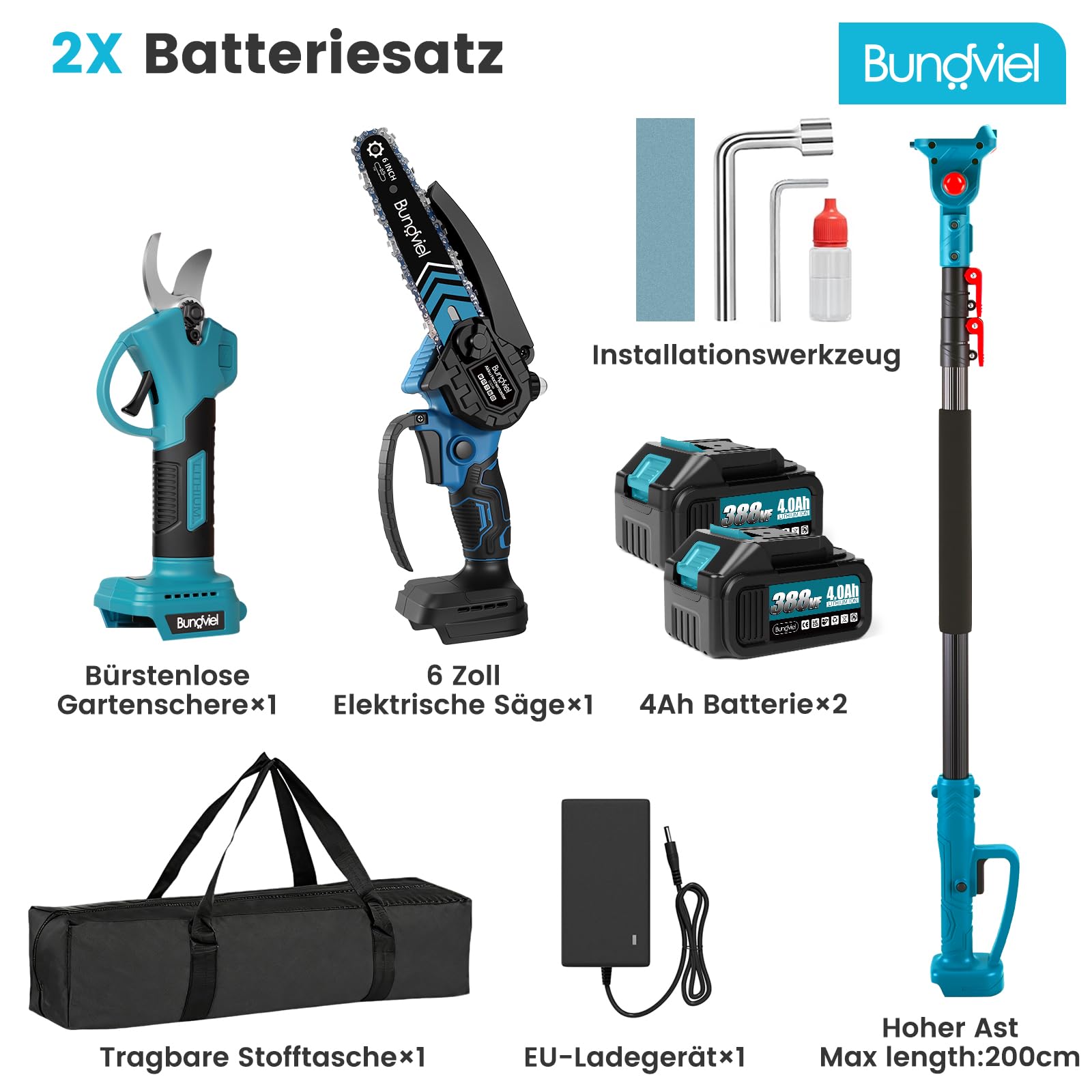 Bundviel 4-in-1 Akku Hochentaster kompatibel mit Makita Akku, Bürstenloser 6 Zoll Mini Kettensäge & 25mm Elektrische Gartenschere 2x 4.0Ah Akku, bis 235,5cm Teleskopstange für Garten Baumschnitt 8