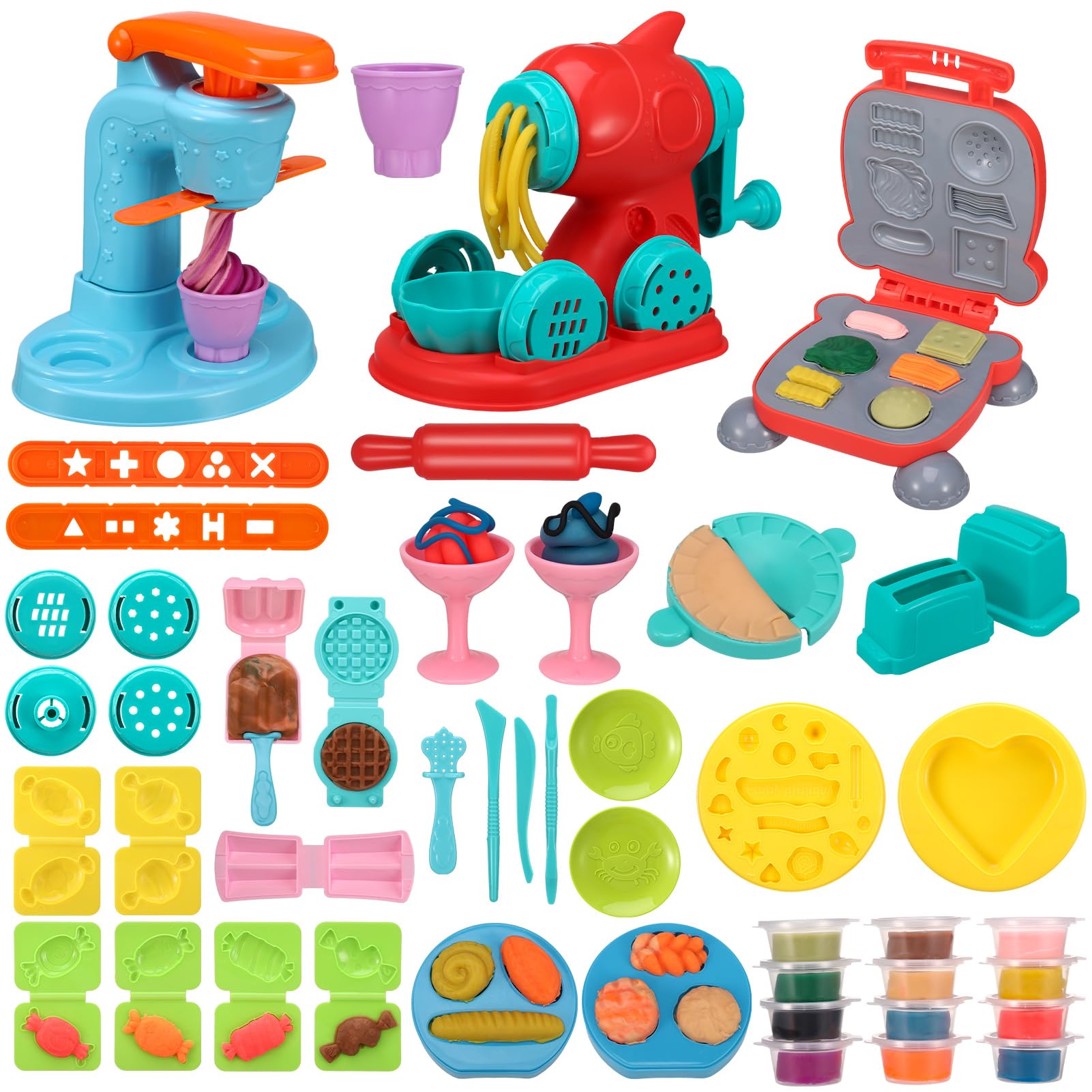 GSrenyu 3 in 1 Play Color Dough Kitchen Creations Set, Ice Cream Noodle Hamburger Maker Art Crafts Food Toys Modelling Clay Kit Dough Tools for Kids Ages 3+
