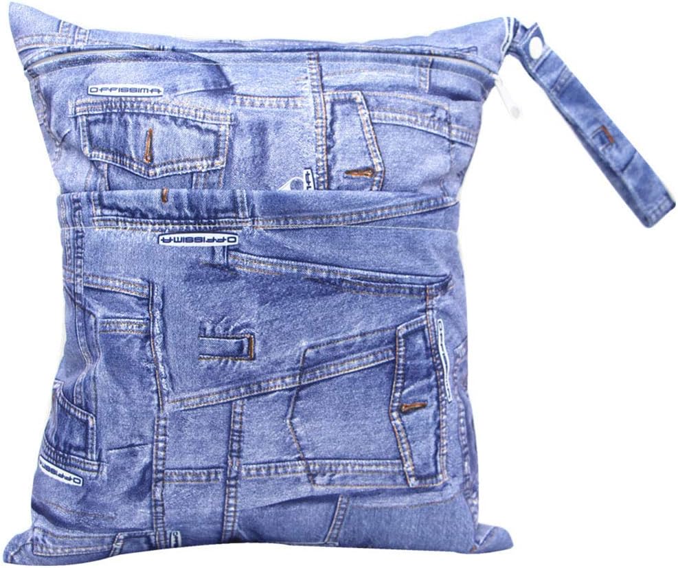 BIGBOBA Travel Portable Baby Wet/Dry Bag Diapers Wet Bags, Double Zippered Waterproof, Washable Reusable Cloth Bags, Denim Style, 30 * 36CM