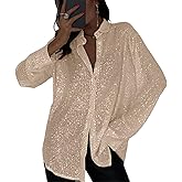 Womens Sequins Long Sleeve Collared Shirt Button Down Open Front Shirt Loose Blouses Shirts Tops