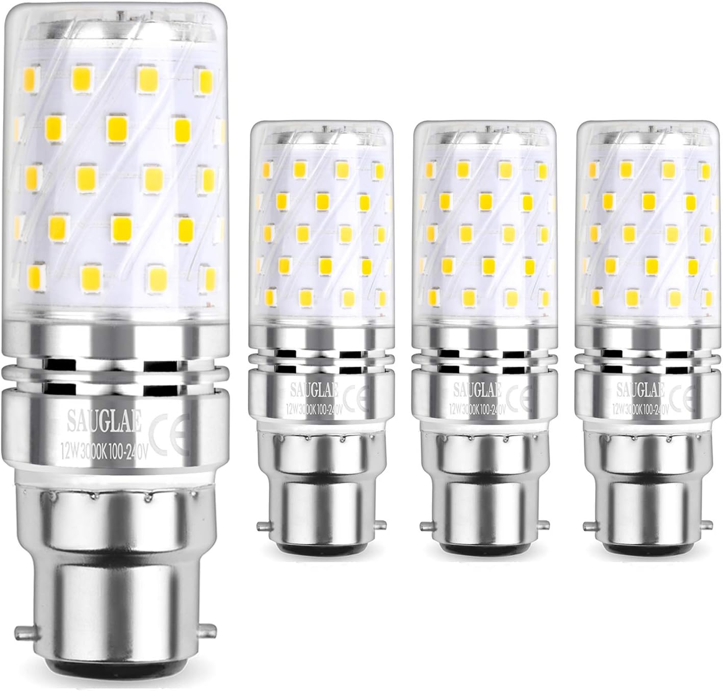 SAUGLAE LED Corn Bulbs, B22 Bayonet Cap, 12W, 1450Lm, 3000K Warm White, Not Dimmable, Pack of 4, Warm White B22, 4 Count (Pack of 1)