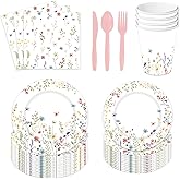 AEMUYA Wildflower Party Supplies Spring Summer Floral Baby Shower Birthday Wedding Bridal Shower Tableware Decorations Paper Plates Cups Napkins Spoons,Knives and Forks Serve 24 Guests