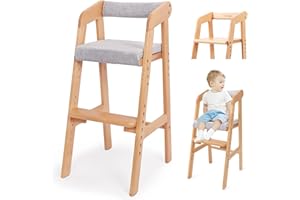 YOLEO Wooden High Chair for Toddlers, Adjustable Feeding Chair with Removable Cushion for Child, High Chair Grows with Kid for Dining, Studying, Step Tool(Natural Color)