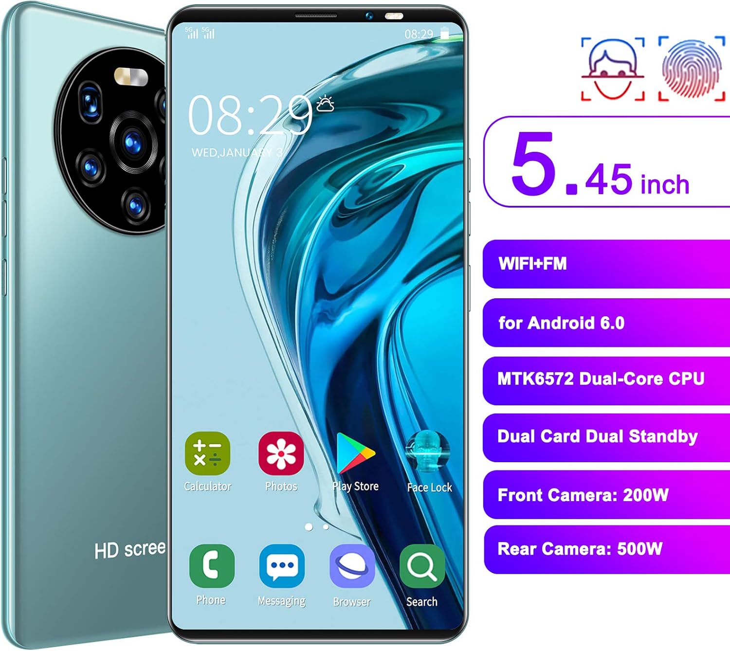 Amazon Co Jp 指紋ロック解除顔認識電話 Android 6 0スマートフォン用3g 女性向けホームギフトマン Green 家電 カメラ