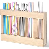 Wooden Cabinet Door Straw Holder, Reusable Straw Dispenser Space-Saving Drinking Straws Organizer for Cabinet Door Kitchen Cupboard Countertop Storage, Adhesive No Drill Installation
