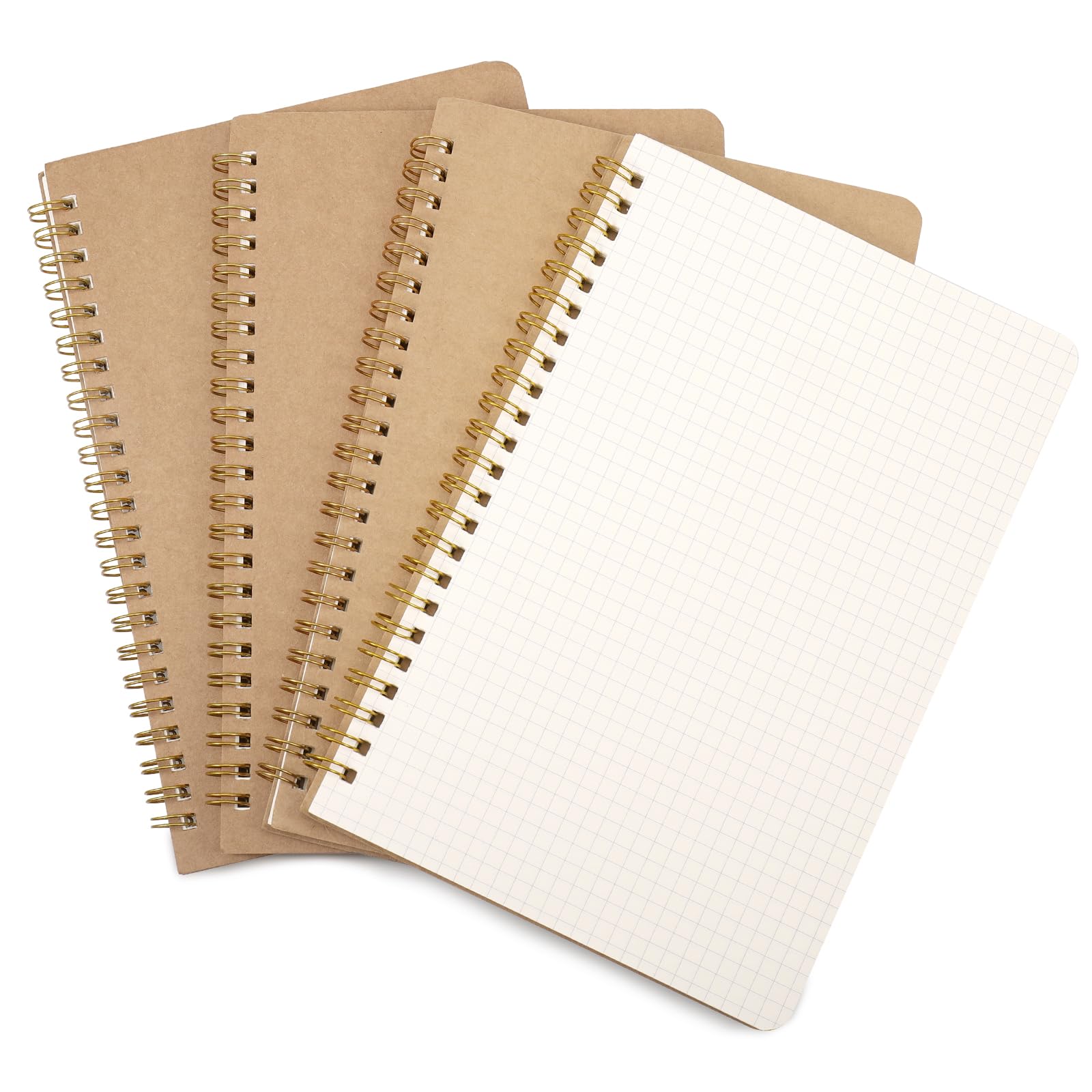 JIANTA 4 Pcs Squared Spiral Notebook A5, Graph Paper Notebooks, 100 Pages/50 Blank Sheets Kraft Cover Grid Wirebound Notebook Journal for Home School Office