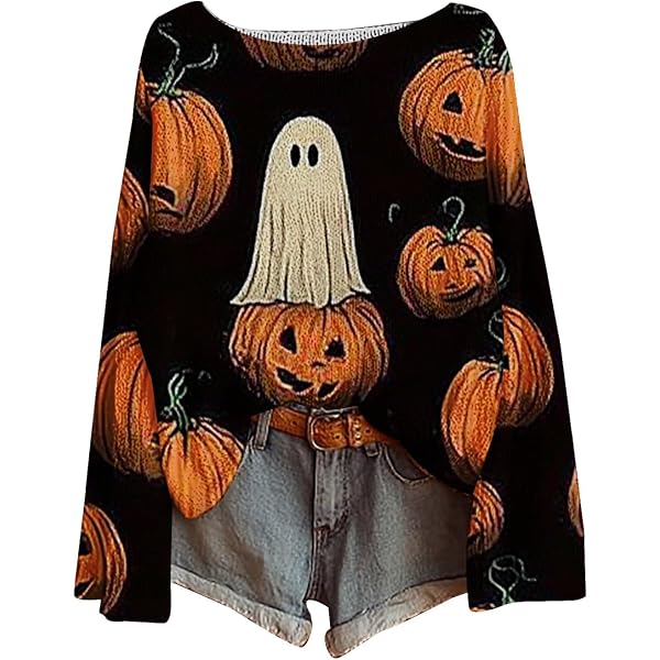 Pull Halloween Femme à Motif Citrouille – Sweat à Capuche Avec Broches Fantômes, Confection Chaud Et Confortable - 6