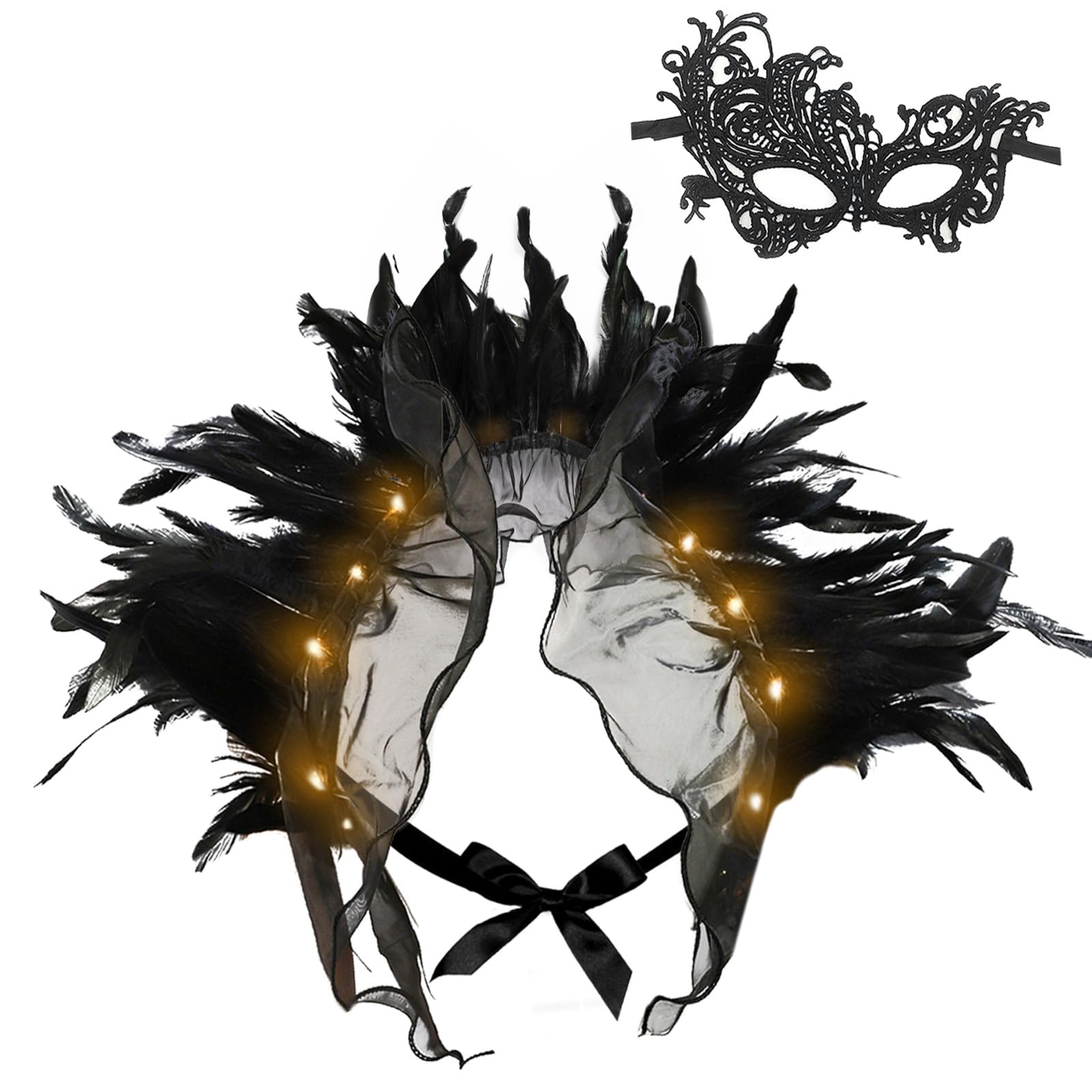 Xerteam Women LED light-up Black Feather Cape Shawl with Masquerade Masks Lace Eye Mask, Gothic Shrug Collar Wings Fancy Dress Costume for Halloween Carnival Christmas Cosplay Party Gothic Decoration