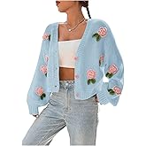GORGLITTER Women's Floral Button Up Cropped Crochet Cardigan Boho Knit Sweater Long Sleeve Open Front Cozy Cute Tops Knitwear