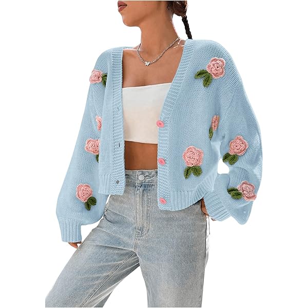 Women's 3D Flowers Embroidered Sweater V-Neck Button Down Y2K