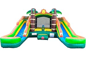 POGO BOUNCE HOUSE Crossover Tropical Inflatable Bounce House with Double Inflatable Water Slides for Kids, 16.5 x 15 x 11 Foot, Bouncy House for Kids, Commercial Outdoor Party Bouncer with Stakes and Storage Bag