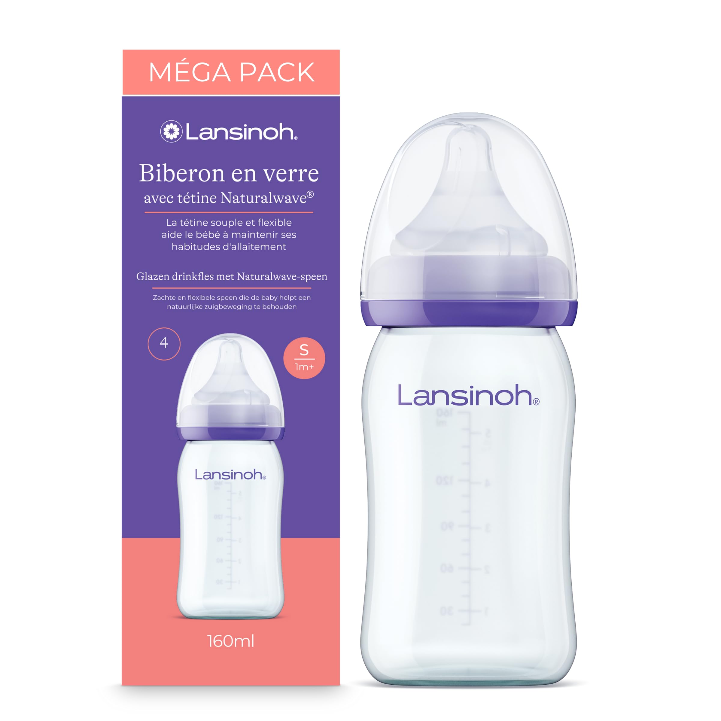 Lansinoh Laboratories Inc. UK Glass Baby Bottle with Naturalwave Slow Flow Teat (4 X 160 Ml) Feeding Reusable
