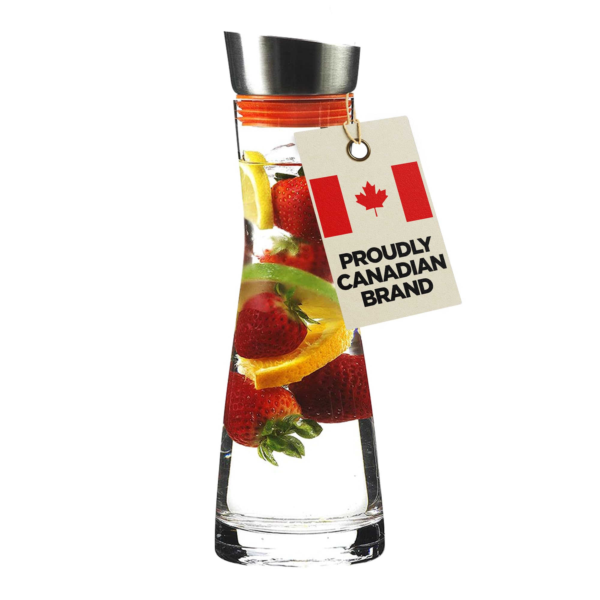 GROSCHE RIO Glass Water Pitcher and Fruit Infuser 1000ml With Stainless Steel Gravity Lid with Built in Strainer and Two Coloured Silicone Rings