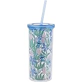 Silver Buffalo Disney Lilo and Stitch Cute Floral and Leaves Pattern Plastic Tall Cold Cup with Lid and Straw, 20 Ounces