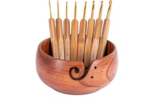 Wooden Yarn Bowl with 8pcs Crochet Hooks 6x3in Knitting Bowl with Holes Storage to Prevent Slipping, Yarn Ball Holder Handmad