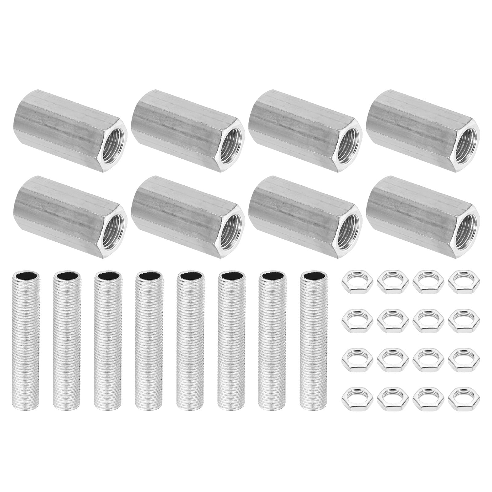 PATIKIL M10 Fine Thread Lamp Pipe Repair Parts Kits, 32 Pcs M10×30 Metal Hexagon Closed Coupling Nut with Threaded Pipe and Hex Nut for Lighting Extension