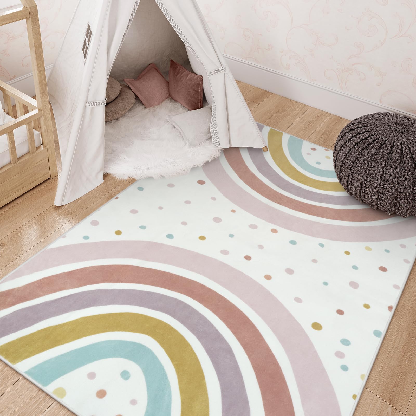 Photo 1 of STARUIA Washable Rainbow Rug for Girls Bedroom, Boho Classroom Rug Small 3x5 Area Rugs for Kids Room, Soft Kids Carpet Non-Slip Nursery Rugs for Playroom Tent Baby Dorm