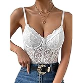 COZYEASE Women's Lace Bustier Cami Bodysuit Plain Sleeveless Slim Fit Sheer Mesh Corset Top Romper