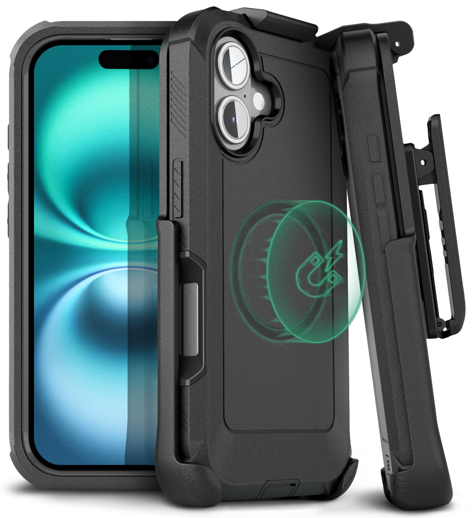 MOTIVE Designed for iPhone 16 Case with Belt Clip, Magnetic Case Magsafe Compatible, Heavy Duty and Quad Layer Military Grade Protection for iPhone16 Holster, 6.1" | Black