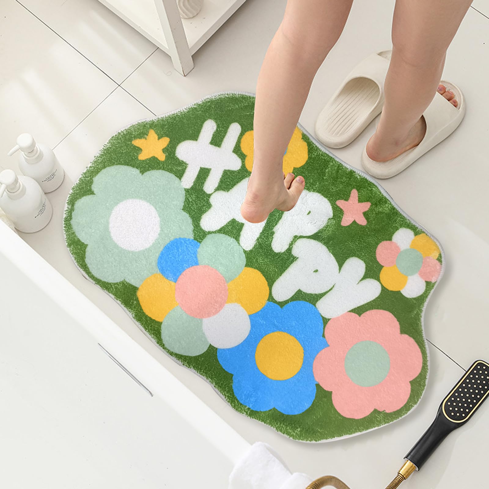 FOSDICK Bath Mat 40 x 60cm, Green, Polyester, Soft, Non-Slip, Machine Washable, Super Absorbent, Bathroom Floor Mat, Flower Rug