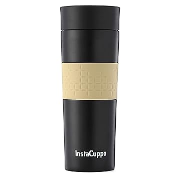 InstaCuppa Vacuum Insulated Coffee, Tea Travel Mug 470 ML, Sipper Lid with Filter, Silicon Grip, Black