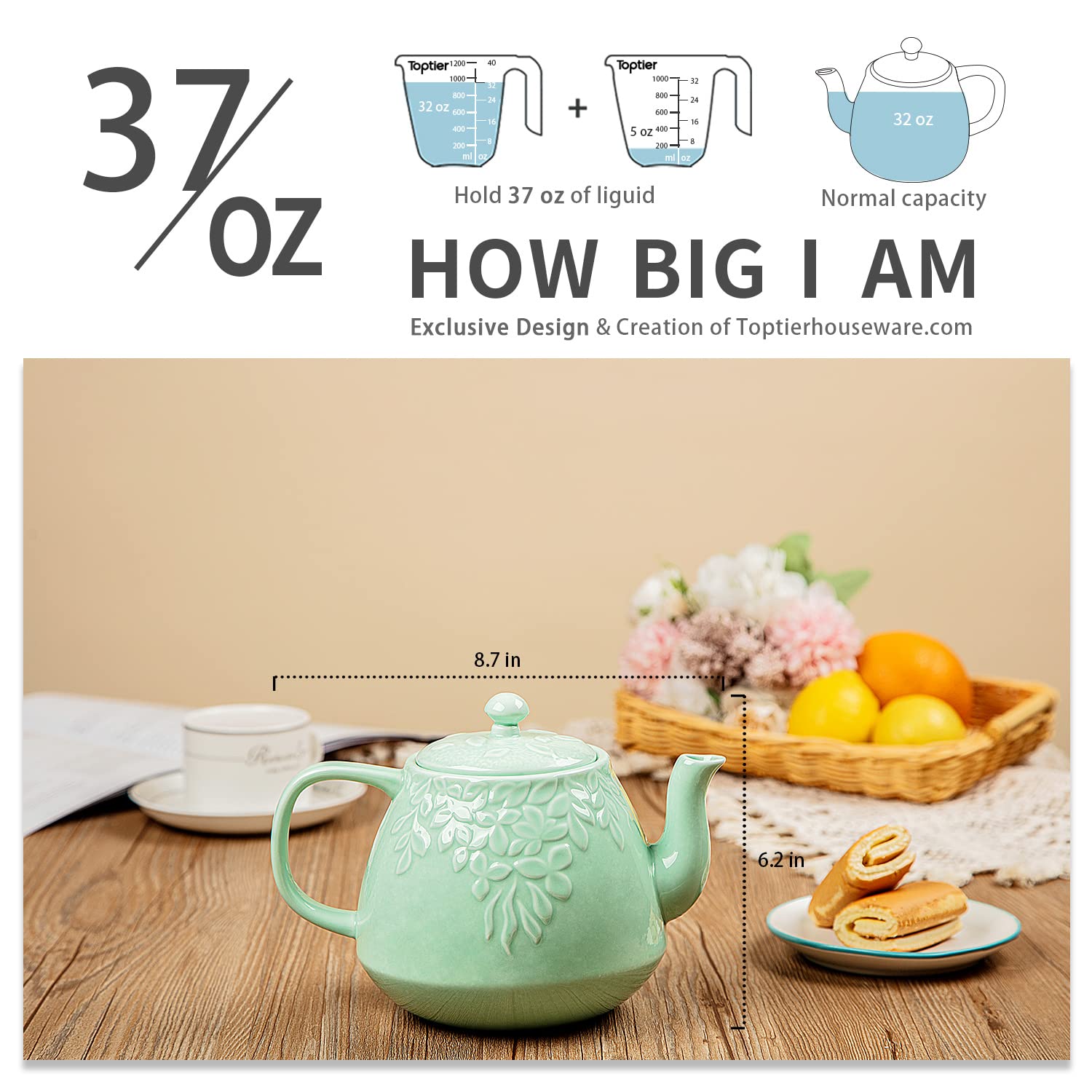 Toptier Leaf Teapot, Porcelain Tea Pot with Infuser and Lid, Blooming & Loose Leaf Ceramic Teapot, 37 Ounce, Light Green