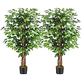 Keeplush 4ft Ficus Artificial Trees with Natural Curved Trunks, 48" Tall Lush Faux Tree for Home Decor Indoor, Green Lifelike Fake Ficus Tree Artificial Plants (Set of 2)