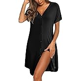 Ekouaer Women's Button Down Nightgown Short Sleeve Sleepshirt V Neck Night Shirt Soft Pajamas Dress with Pockets