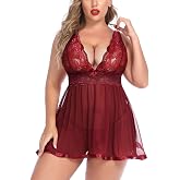 Avidlove Women Plus Size Babydoll Lingerie Lace Chemise Mesh Sleepwear | Sexy Plus-sized Teddies V Neck Sheer Mesh Lace Babydoll Lingerie Dress Teddy Chemise Nighty Sleepwear L-5XL